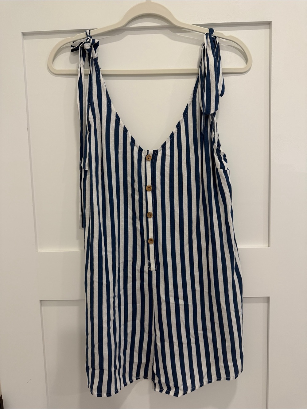 Show Me Your Mumu Navy Blue White Stripe Button Front Tie Strap Romper S